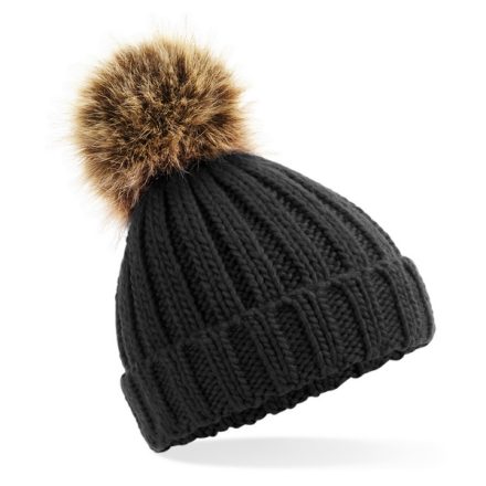 Beechfield gyerek sapka Fur Pom Pom Chunky Beanie fekete