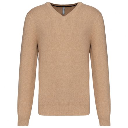 Kariban kötött pulóver Premium Jumper V-Neck melírozott camel